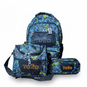 Combo Escolar Totto (Maleta+Cartuchera+Lonchera) Diseño Azul Geométrico