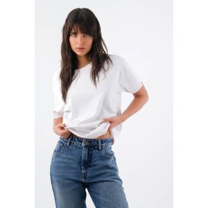 Camiseta para mujer de algodón blanco fit relajado con hombro caído
