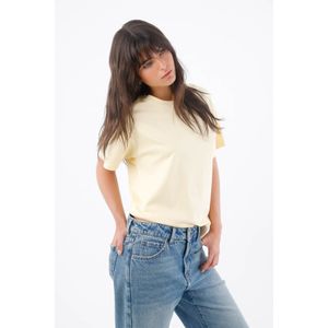 Camiseta para mujer de algodón amarillo pastel fit relajado con hombro caído