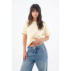 Camiseta para mujer de algodón amarillo pastel fit relajado con hombro caído