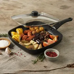 Plancha Grill Universal Aliada 28cm x 28cm Antiadherente Tapa Vidrio L39289