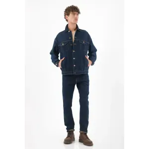 Jean para hombre de denim de algodón azul índigo corte recto con lavado oscuro uniforme