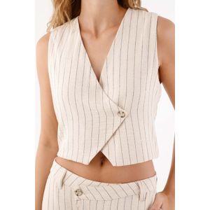 Chaleco para mujer de lino beige cropped con cruce asimétrico a rayas