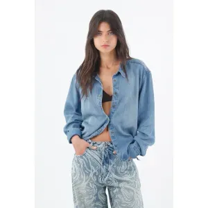 Camisa para mujer lyocell azul fit relajado con broches