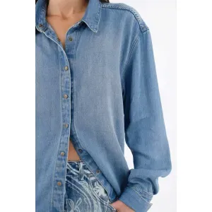 Camisa para mujer lyocell azul fit relajado con broches