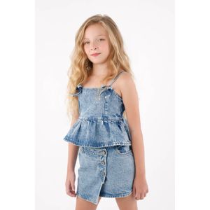 Blusa para niña de algodón azul lavado crop con lazo en el tirante