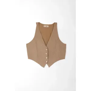 Chaleco para mujer de lino arena entallado con bajo en doble pico