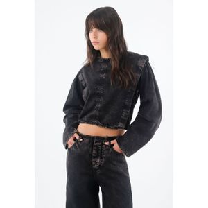 Camisa para mujer en algodón negro lavado relajado con hombros marcados