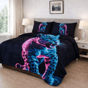 Edredón Piel de Durazno Sintético Doble Faz Tamaño Doble Unicolor Negro Leopardo Neón