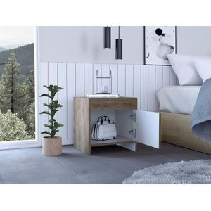 Mesa de Noche Tutto, Nogal y Blanco, con cajón para guardar objetos ideal para espacios reducidos