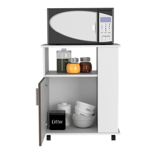 Módulo Microondas Tahara, Nogal y Blanco, con rodachinas plásticas y amplio espacio para almacenar utensilios