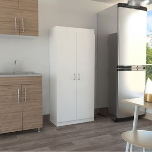 Alacena Multiusos Frida, Blanco, posee un estante adicional en la puerta y cuatro entrepaños