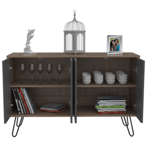Mesa Auxiliar Lara, Miel y Plata Oscuro, con varios entrepaños y patas metálicas