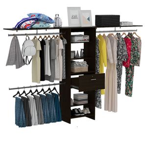 Closet Abierto Leda, Wengue, con 3 tubos cromados para colgar ropa y cajón con cerradura metálica ZF