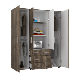 Closet Fontana, Nogal y Blanco Duqueza, con cuatro puertas abatibles y tres cajones organizadores