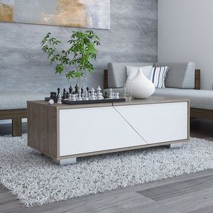 Mesa de Centro Orus, Miel y Blanco, con cuatro puertas y patas en acero
