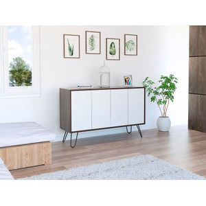 Mesa Auxiliar Lara, Caoba Y Blanco, con varios entrepaños y patas metálicas