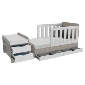 Cama Corral Praga, Humo y Blanco, con dos cajones multiusos y barandas de seguridad