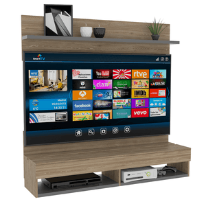 Panel de TV Frello, Miel y Plata oscuro, con espacio para televisor de hasta 60 pulgadas