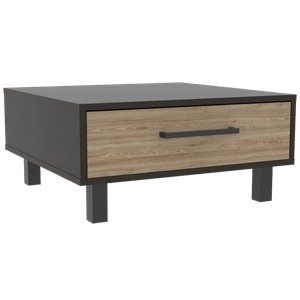 Mesa de Centro Wesley, Wengue y Miel, con un cajón amplio y patas en acero