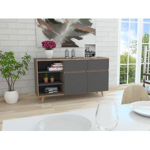 Mesa Auxiliar Nashira, Miel y Plata Oscuro, con dos cajones y dos puertas batientes