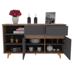 Mesa Auxiliar Nashira, Miel y Plata Oscuro, con dos cajones y dos puertas batientes