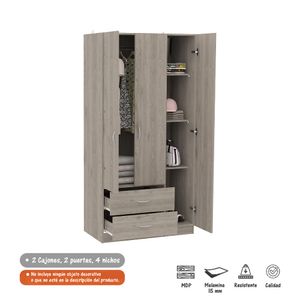 Armario Closet Organizador 90cm 3 puertas 2 cajones Mistico Ceniza
