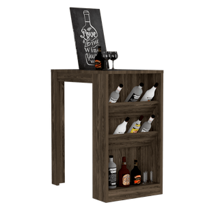 Mesa de Bar Celeste, Chocolate, con Tres Estantes para Botellas